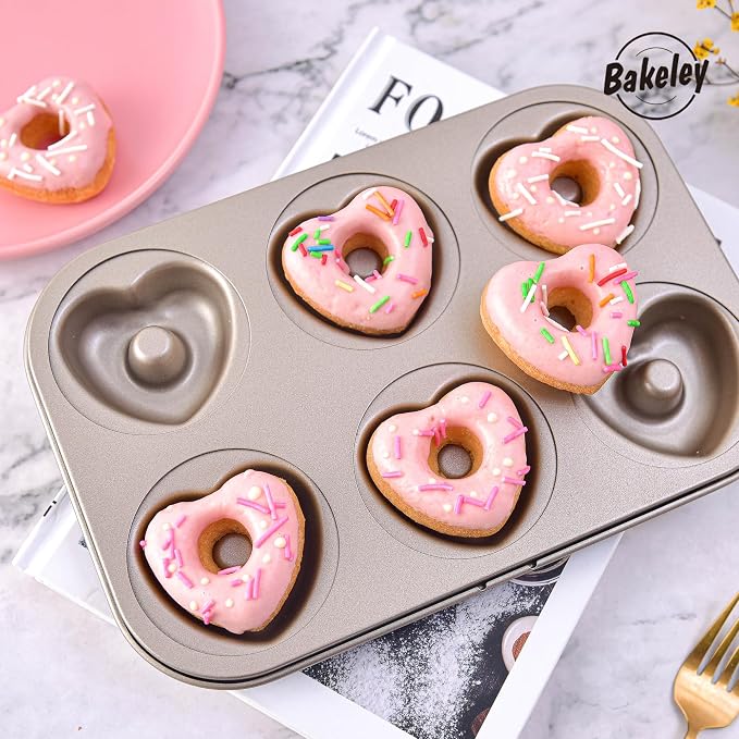 Heart Donut Pan, 6 Cavity Donut Mold Heavy Duty Steel Non-stick Heart Shaped Bund Pans Pattern Doughnut Bakeware for Oven Baking (Champagne Gold)