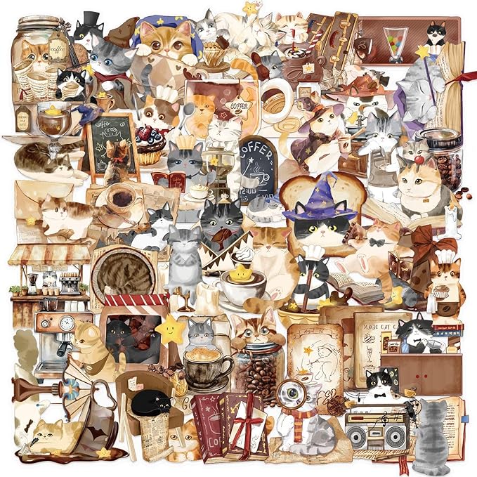 50pcs Cats Coffee Flower Stickers Cute Kitchen Baking Stickers Transparent Recipe Waterproof Stickers Pack for DIY Scrapbook Water Bottles,Laptop,Funny Bakery Themed Party Decorations