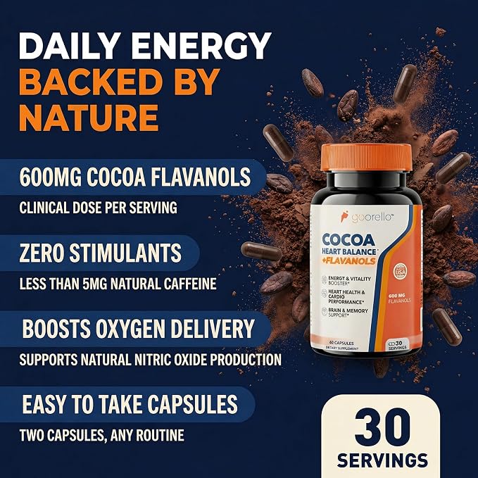 600mg Cocoa Flavanols – Heart Health & Circulation Support Supplement – Promotes Nitric Oxide Production & Energy – Vegan – 60 Capsules (30 Day Supply)