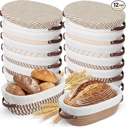 Gisafai 12 Set Banneton Bread Proofing Baskets Bulk 10 Inch Oval Cotton Rope Artisan Sourdough Bread Banneton Dough Proofing Bowls with Cloth Liners and Covers for Homemade Baking Bakery