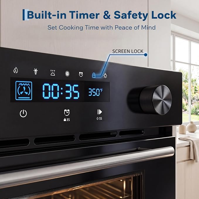 Garvee 24 Inch Built-in Single Wall Oven, 2.5 Cu.ft. Electric Oven with 5 Cooking Functions, 3000W Power, Touch and Knob Control, Low-e Glass Door & Cooling Fan, Easy Clean Enamel, Black
