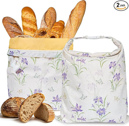 Beeswax Bread Bags for Sourdough, 2 pcs XL Zipper Reusable Bread Bags for Homemade Bread, Cotton and Linen Food Storage Bags for Bakery, Pantry, Long-Lasting Freshness (Purple Floral)