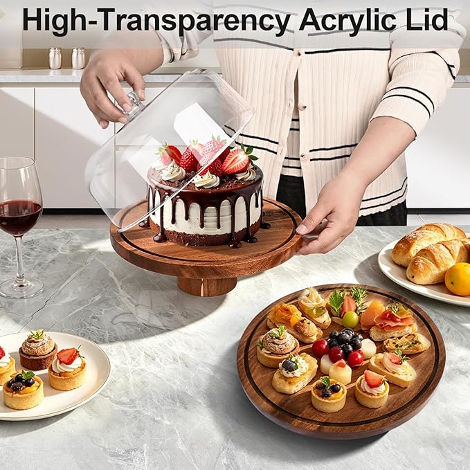 Acacia Wood Cake Stand with Lid, 12in Cake Stand with Acrylic Dome (Not Glass), 2-In-1 Cake Display Stand for Charcuterie Board, Chips & Dips, Fruit Platter, Wedding, Birthday, Parties