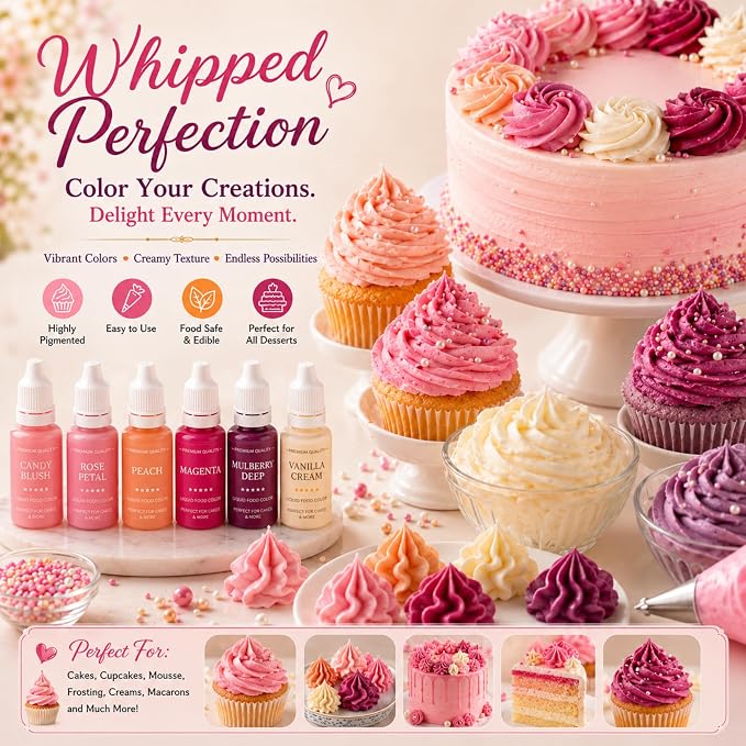Confect Valentine Water Color Food Coloring Set – Highly Pigmented Oil Based Food Colors for Cakes, Buttercream, Drinks, Popsicles & Baking – 6 Pack × 10mL