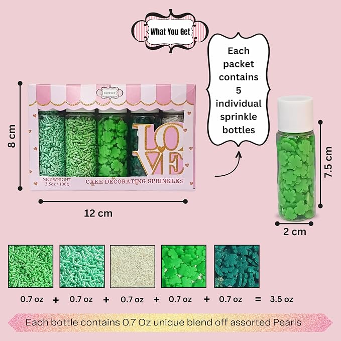 Confect St. Patricks Green & White Vermicelli Sprinkles Mix | Edible Sprinkles for Baking & Cake Decorative | Cookie Sprinkles | Edible Sprinkles mix pack of 5 | Soy-Free, Dairy-Free, Palm Oil-Free - 5 Oz