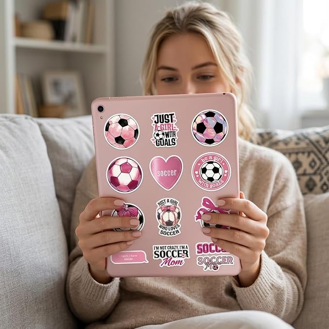 50 Pcs Soccer Stickers for Scrapbooking, Waterproof Vinyl Pink Soccer Stickers for Laptops Water Bottles Journals, Cute Soccer Girlie Decals for Adults Teens Girls