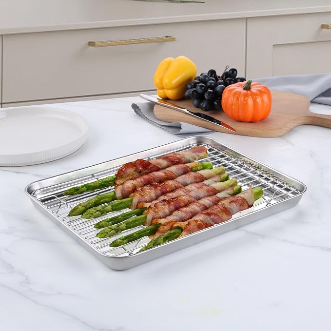 Homikit Quarter Sheet Pan with Rack Set (2 Sheets + 2 Racks), 9x13 Stainless Steel Baking Sheets with Cooling Racks Non Toxic, Metal Cookie Bacon Tray for Toaster Oven Baking Cooking, Dishwasher Safe
