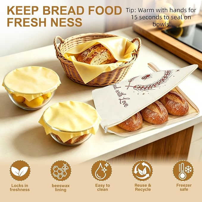 2-Pack Beeswax Bread Bags & 3 Wraps for Sourdough & Homemade – L-Zipper | Natural cotton, 17x13 in bag with wide L-zipper. Includes 3 wraps S/M/L. Reusable, freezer safe, washable, keeps bread fresh.