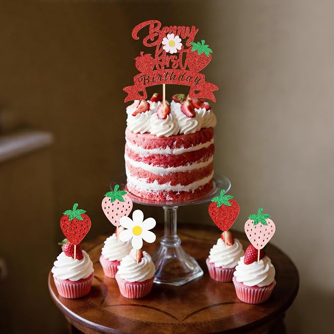 25Pcs Berry First Birthday Cake Topper Glitter Red Strawberry Cupcake Toppers White Flowers Cupcake Picks for Strawberry Baby Shower Boys Girls Birthday Party Cake Decorations