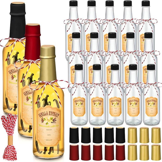 Tioncy 16 Pcs Empty Vanilla Extract Bottles for Homemade Vanilla Jar Glass Bottle with Cap, Shrink Band, Sticker DIY Crafts Wedding Gift Food Storage Canister for Bean(Black, Red, Gold,8.5 oz)