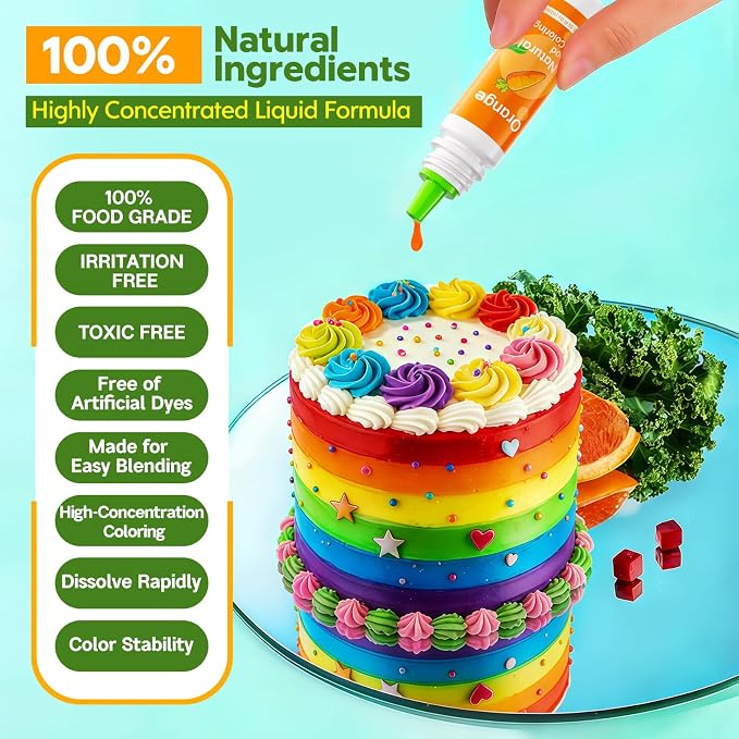Natural Food Coloring Set - FD&C & Artificial Dye Free, Gluten-Free, 6 Colors (10ml/0.35 Fl. oz) Dye Free Food Coloring,Strong Color Power for Baking, Icing, Frosting, Slime, Cake Decorating & Easter Eggs
