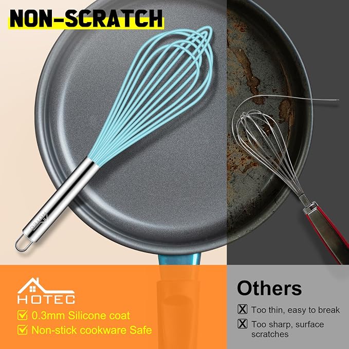 HOTEC 4 Pieces Silicone Whisks Set, Wire Balloon Whisks for cooking Egg Beater, Non-slip Handle Whisk for Non-stick Cookware Perfect for Cooking, Stirring, Beating and Blending,Blue