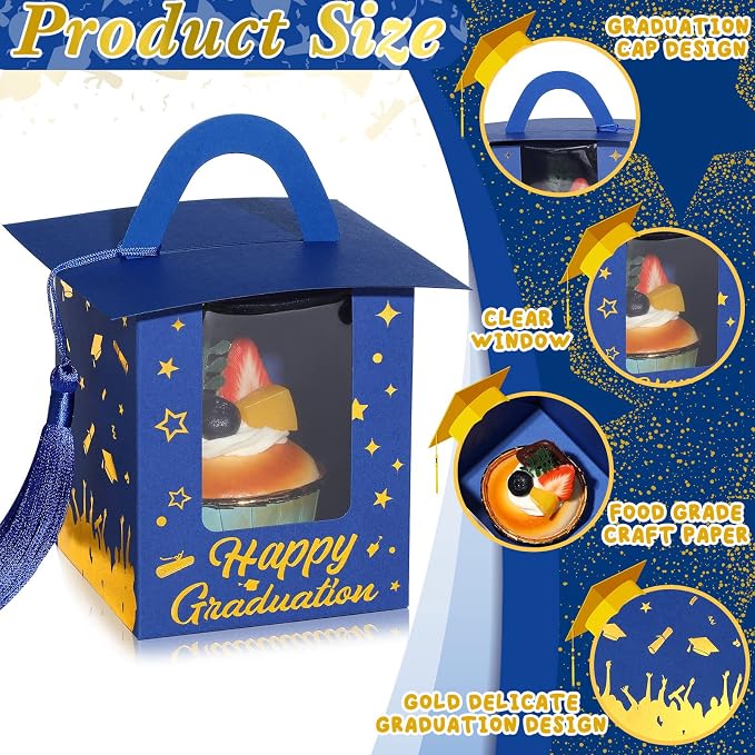 Outus 30 Pcs Graduation Cupcake Boxes Graduation Gift Box Congrats Grad Cupcake Container Candy Boxes with Window and Tassel for 2026 College High School Grad Party(Blue)