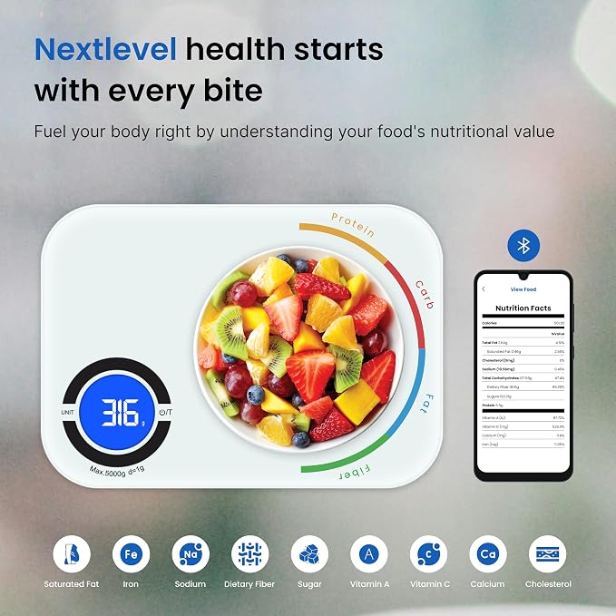 Nutrition Scale – Digital Kitchen Food Scale with App, Smart Food Scale for Calorie & Nutrition Tracking, White