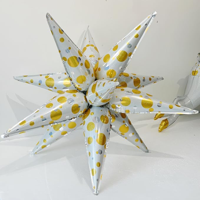 3Pcs Platinum Polka Dot Explosion Pointed Star Foil Balloons32-inch/Elegant White & Silver Metallic Decoration forChristmas, New Year, Birthday, Wedding, Celebration Party(3 PCS Platinum Polka Dots)