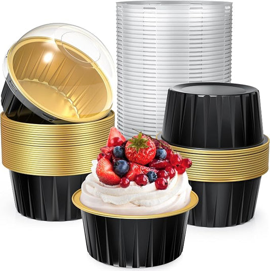 TLAZZ 40 Pack 5 OZ Mini Cake Pans with Lids, Disposable Aluminum Foil Ramekins Muffin Tin, Round Brownie Pudding Cupcake Baking Cups, Mini Cake Containers Flan Molds for Wedding Birthday Party