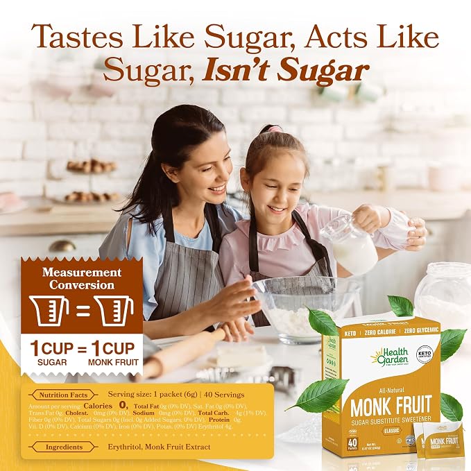 Health Garden Monk Fruit Sweetener, Classic Sugar Substitute – 40 Count Packets – 1:1 Monk Fruit Sugar Substitute with Erythritol, Zero Calorie Monkfruit Sweetener for Baking and Coffee, Keto Friendly, Non-GMO
