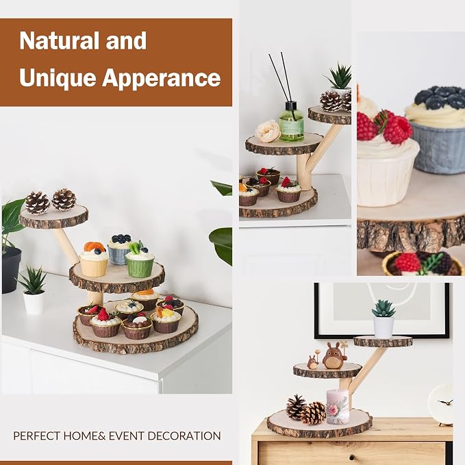 GENMOUS Wooden Farmhouse Style Cake Stand - Multifunctional 3-Tired Wedding Cake Stand Wood & Display Serving Tray Platter, for Appetizers Desserts Charcuterie Board