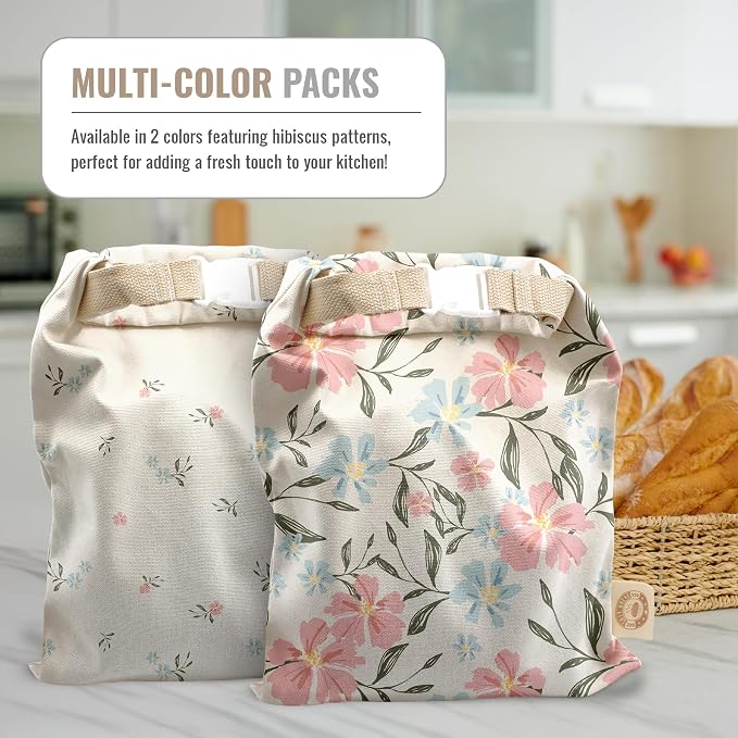 Cozy Bread® Reusable Bread Bag Set for Home Bakers | USA Brand | Charming Bread Designs (Hibiscus)