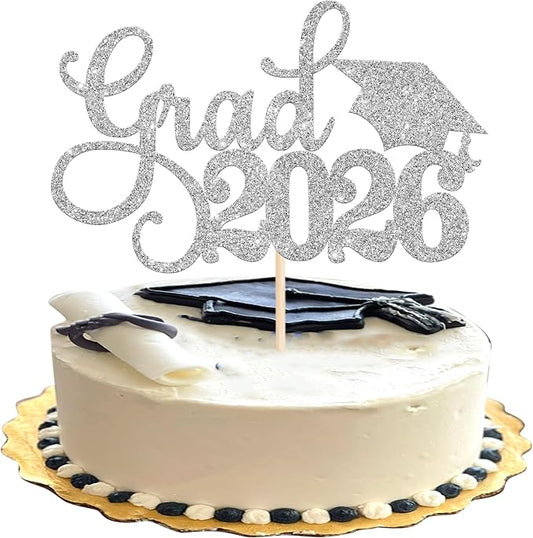 1 Pack Grad 2026 Cake Topper with Glitter Congrats Grad Cap Class of 2026 Cake Pick Decorations for 2026 Graduation Theme School Boys Girls Graduate Party Supplies Silver