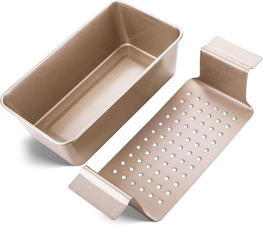 HONGBAKE Meatloaf Pan with Drain Tray, 9 x 5 Loaf Pans with Insert, Nonstick Meat Loaf for Baking, Reduce the Fat and Kick Up the Flavor, Champagne Gold