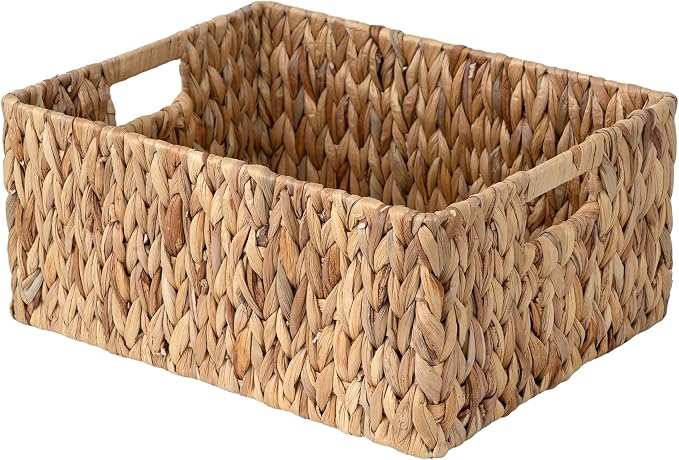 JS HANGER Large Woven Rattan Storage Basket with Handle for Organizing Blanket and Pillows for Living Room, Nursery, Water Hyacinth Wicker Basket 16.53’’ x 12.8’’ x 7.5’’