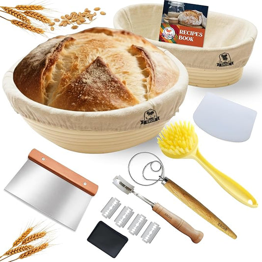 EROIR Sourdough Banneton Bread Proofing Basket Set - 9" Round 10" Oval Linen Lined Baskets Baking Supplies, Danish Whisk, Lame, Bowl Scraper, Dough Scraper, Cleaning Brush, Recipes Book