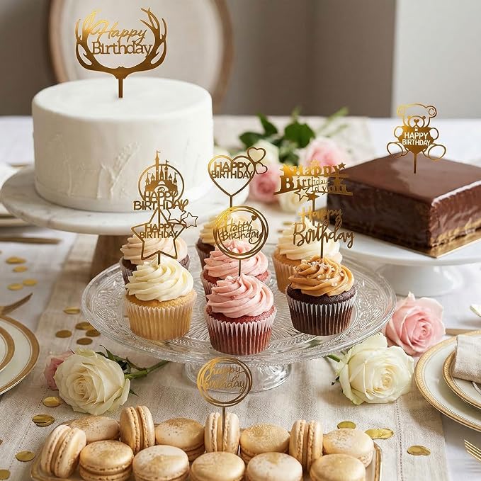50 PCS Happy Birthday Cake Topper Acrylic Gold Cupcake Toppers, Glitter Party Birthday Cake Decorations for Women Men Girls, Elegant Dessert Picks for Anniversary Celebration, Gold 50 Pack