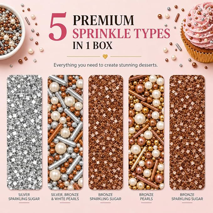 Confect Sprinkles for Cake & Cupcake Decoration | Pack of 5 Party Sparkle Sprinkles | Champagne Gold Pearl | Sliver & Bronze Jimmies Sliver Sparkling Sugar | Vegan, Gluten-Free, Nut-Free, Soy-Free, Dairy-Free, Palm Oil-Free - 5 Oz