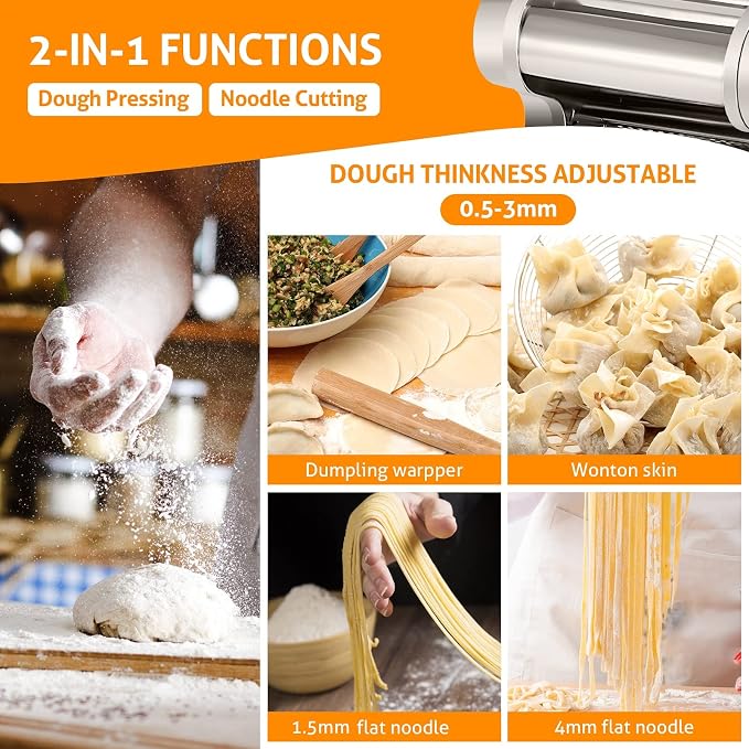 WICHEMI Electric Pasta Maker Machine Pasta Dough Spaghetti Roller Noodle Pressing Machine Stainless Steel 135W for Home Family Use (1.5mm flat noodle+4mm flat noodle)