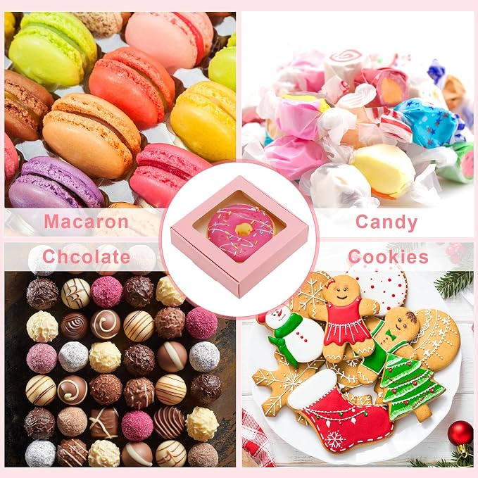 Zonon 60 Pcs Kraft Paper Boxes with Window 4.13 x 4.13 x 1.18 Inch Candy Packaging, Small Gift Boxes, Soap holder, Mini Treat Packaging for Bakery Chocolate Jewelry Display (Pink)