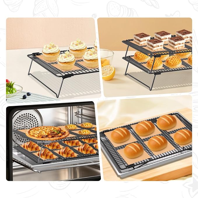 3-Tier Stackable Cooling Rack, 17"x11" Heavy Duty Wire Baking Rack | 100PCS Parchment Paper,Oven Safe Multiuse cookie cooling rack for Pizza,Cake, Bread, Cupcake, Bacon