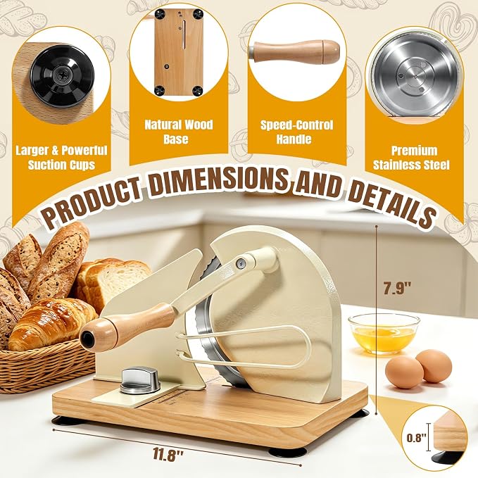 Manual Bread Slicer for Homemade Sourdough Bread, Hand Crank Bread Cutter with Scale Line & Suction Cup & Metal Guide, Sourdough Bread Slicer with Bread Bag, Adjustable Thickness & Evenly Slicing