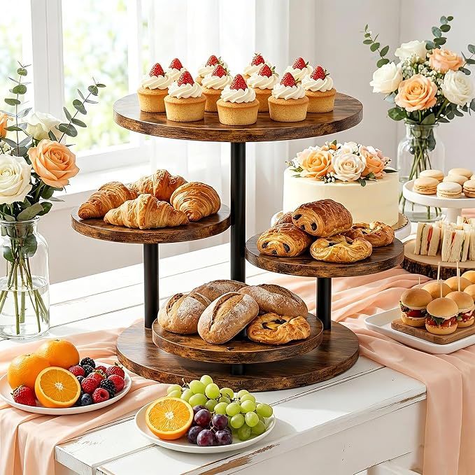 4 Tier Round Cupcake Tower Stand for 50 Cupcakes, 360° Rotating Large Wood Cake Stand with Tiered Trays Dessert Table Display Set Round Cookie Tiered Tray Stand for Wedding Birthday Graduation Party Tea Time