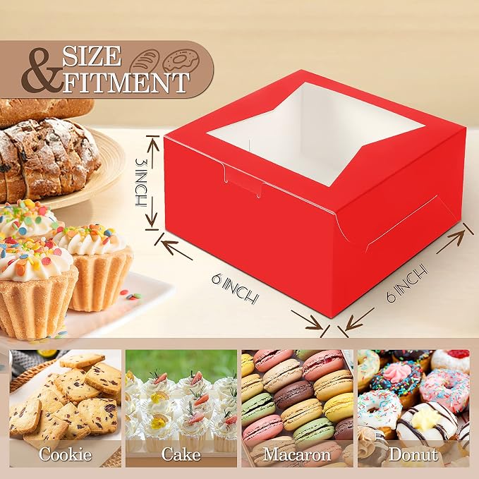 KPOSIYA 65PCS Bakery Boxes with Window 6x6x3 Inches 5 Style Cookie Boxes Small Pastry Boxes for Candy, Dessert, Pastry, Donuts, Birthday Party, Wedding(Red)