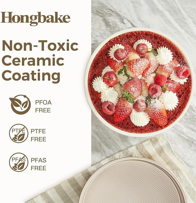 HONGBAKE Nonstick Ceramic 9 Inch Round Cake Pan Set of 2, Heavy-Duty Aluminized Steel Round Cake Pans with Diamond Texture, Non-Toxic Cake Molds, Cake Pans 9 Inch Round for Baking Cheesecake, Gold