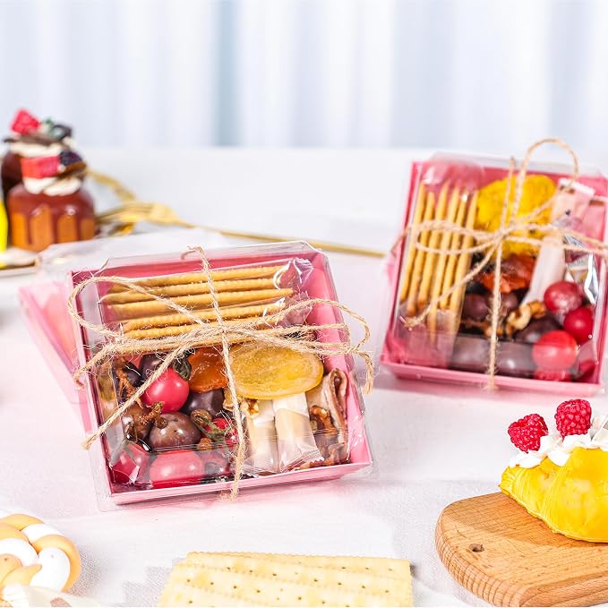 50 Pack Pink Treat Charcuterie Boxes 5.3x4.9x2.5in for Favor Tables | Good for strawberries, cookies, sweets or decorated treats that need a neat reveal.