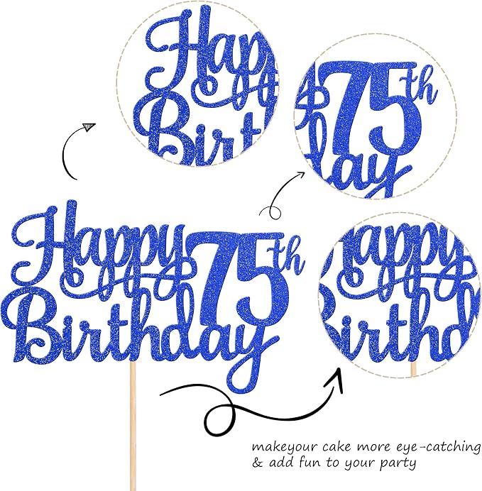 1 PCS Happy 75th Birthday Cake Topper Glitter Cheers to 75 Years Birthday Cake Pick Seventy Five 75 Fabulous Cake Decoration for Happy 75th Birthday Theme Party Decorations Supplies Blue