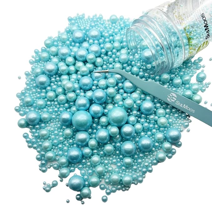 SE Si&Moos Baby Blue Edible Pearls Light Blue Pearl Sprinkles for Cake Decorating Edible Cake Sugar Pearls Halloween Christmas Cookie Decorations Edible Baby Shower Cake Decorations for Cakes,Cupcakes Toppers 3.5 OZ with Tweezers