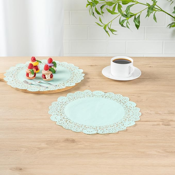 Pastry Tek 12 x 12 Inch Paper Lace Doilies, 100 Disposable Table Doilies - Elegant Lace Finish, Long Lasting, Teal Paper Doily, for Pastries, Cupcakes, Desserts - Restaurantware