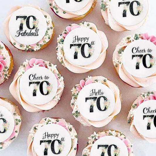 40Pcs Edible Circle Happy 70th Birthday Cupcake Toppers Edible Floral Hello 70 Fabulous Cheers to 70 Cupcake Picks Drink Toppers for Funny Female Floral 70th Birthday Party Decorations