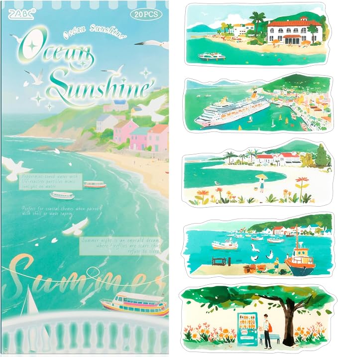 Coastal Series Sticker Scrapbooking Supplies for Junk Journal, 10 Sheets PET Stickers and 10 Sheets Washi Stickers
