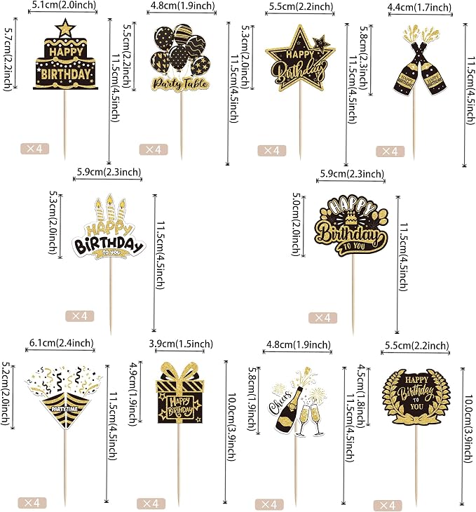 40 PCS Happy Birthday Cupcake Toppers Double Sided Balloon Star Cheers Party Time Happy Birthday Cupcake Picks for Celebrating Anniversary Theme Party Cake Decorations Supplies Black Gold