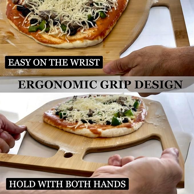 Wooden Pizza Peel & Round Cutting Board | Dual-Grip 2-in-1 Bamboo Pizza Paddle Board for Baking, Pizza Spatula & Large Cutting Board for Pizza | Pizza Turning Peel for Baking Accessories, 17” X 13.5”