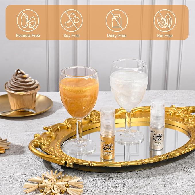 Shimmer White & Gold Edible Glitter Spray, Edible Glitter for Cocktails, Cobakey Luster Dust Edible for Cake Decorating, Drinks, Baking, Chocolate, Strawberrie 5g/2 Bottles
