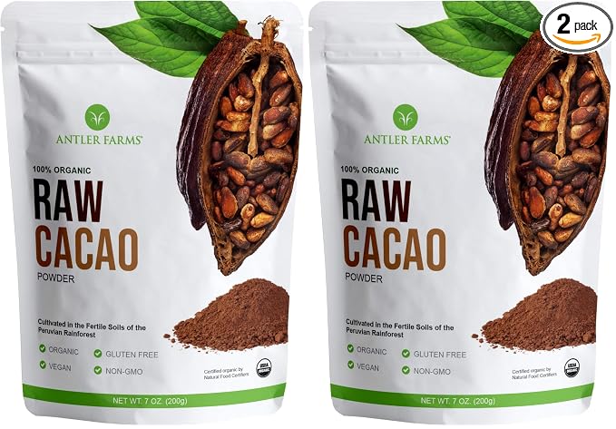 Antler Farms - 100% Pure Organic Raw Cacao Powder, 40 servings, 200g - Vegan, Gluten Free, Cultivated Naturally in Amazon Rainforest, Certified USDA Organic (Pack of 2)