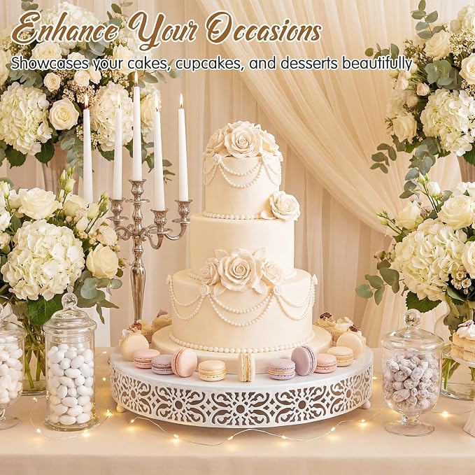 Wenqik 18 Inch Cake Stand Round Metal Cupcake Dessert Wedding Cake Stand Cookies Display Holder Fruit Food Serving Tray for Table Wedding Birthday Anniversary Party Decor (White)