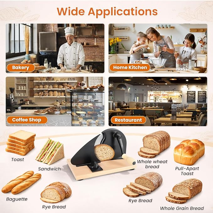 Manual Bread Slicer for Homemade Sourdough Bread, Adjustable Thickness Hand Crank Bread Cutter with Scale Lines, Suction Cup Base, Metal Guide & Sharp Stainless Steel Blade (Black)