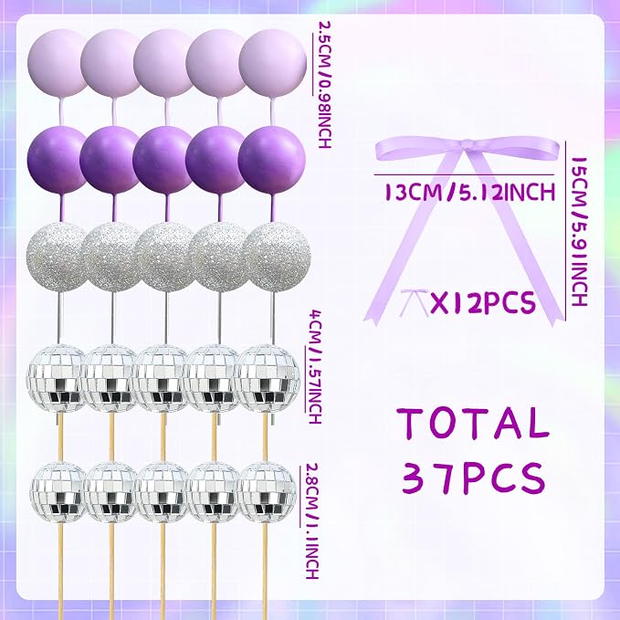 37Pcs Purple Disco Ball Cake Topper Purple Cool Girl Birthday Party Decorations Bows Butterfly Cake Decorations Singer Disco Bachelorette Party Supplies