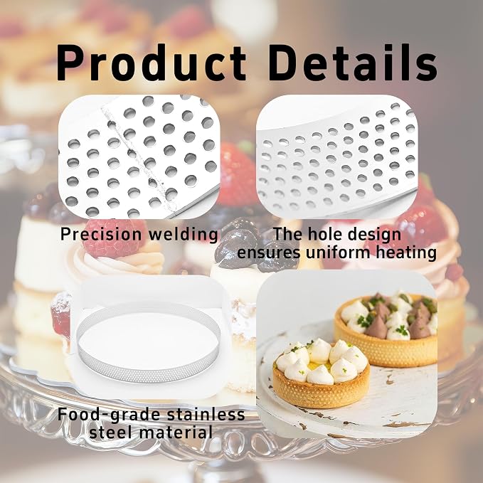 7.87Inch 304 Stainless Steel Perforated Tart Ring, Heat Resistant Cake Mousse Ring for Baking Fruit Tarts, Cake, Crust and Dessert Making
